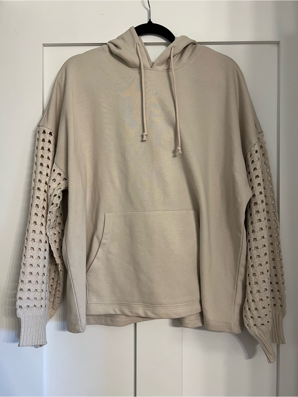 Time and Tru Cream Hooded Pullover Sweater with Openwork Knit Sleeves